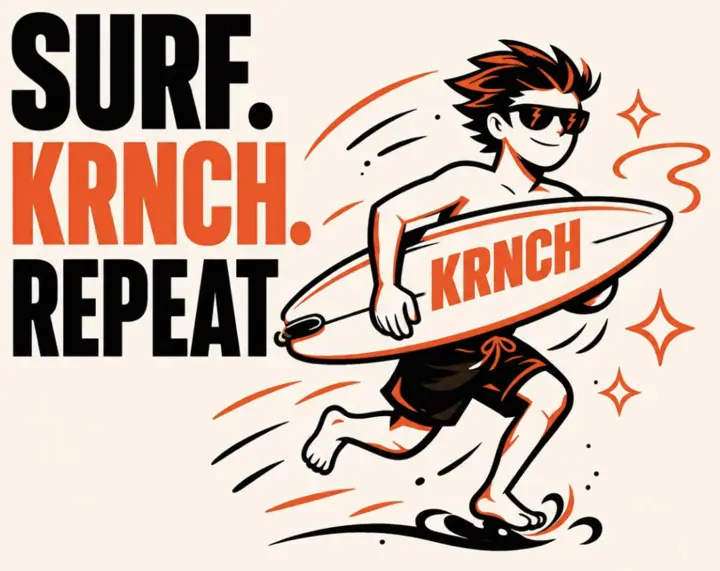 Ilustración Surf. KRNCH. Repeat. de un surfista con tabla KRNCH